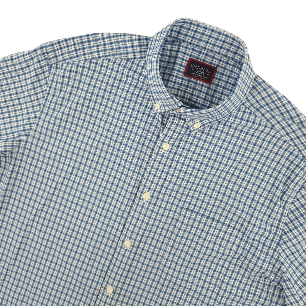 UNTUCKit Matarazzo Shirt Mens L Blue Check Short Sleeve Button Up Stretch Nylon